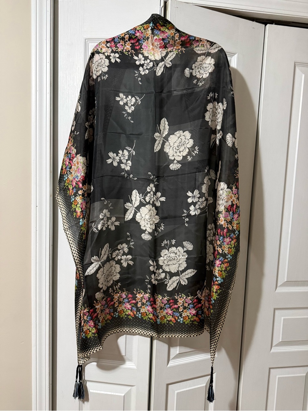 Johnny Was Square Silk Scarf Floral Design with Tassels